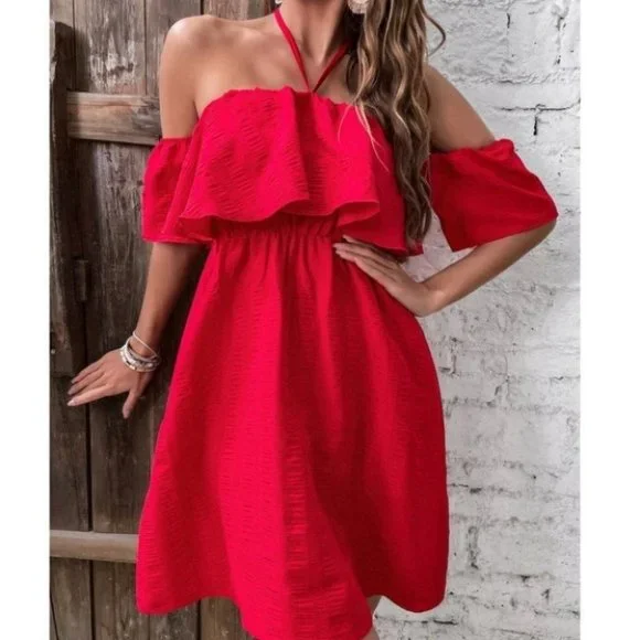 Tie Back Off Shoulder Ruffle Trim Dress - Picture 2 of 9